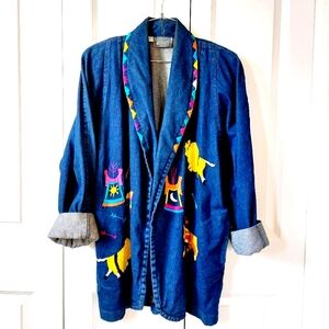 Southwestern Embroidered Denim Jacket 90s‎ size XL "Distant Drums" buffalo horse